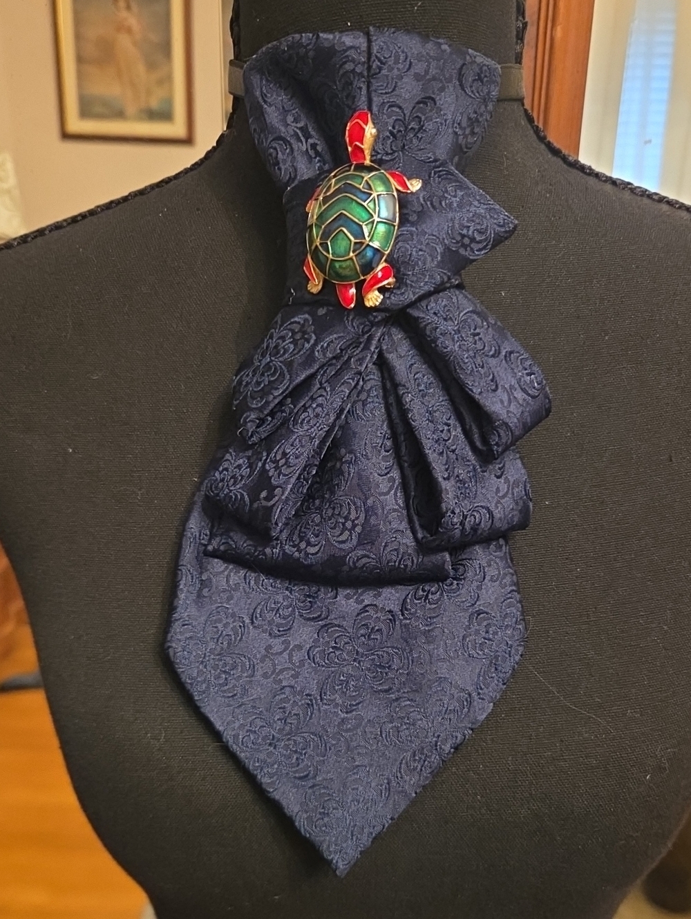 Navy Floral Jacquard Ascot with Turtle Brooch
